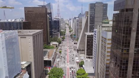 avenida paulista in sao paulo's financial centre on a sunny busy day- a static aerial shot of brazil's business hub