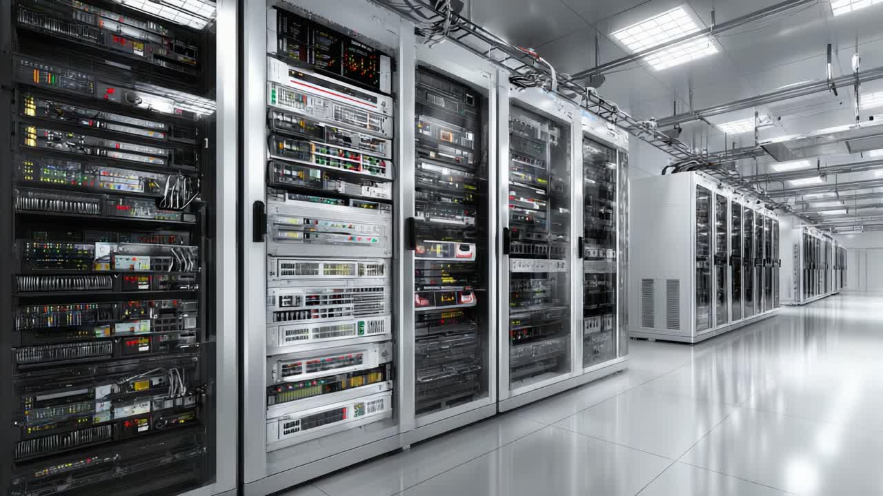 A Glimpse into a Cutting-Edge Data Center Filled with High-Tech Server Racks, Showcasing Advanced Technology Amidst a Sleek and Modern Environment