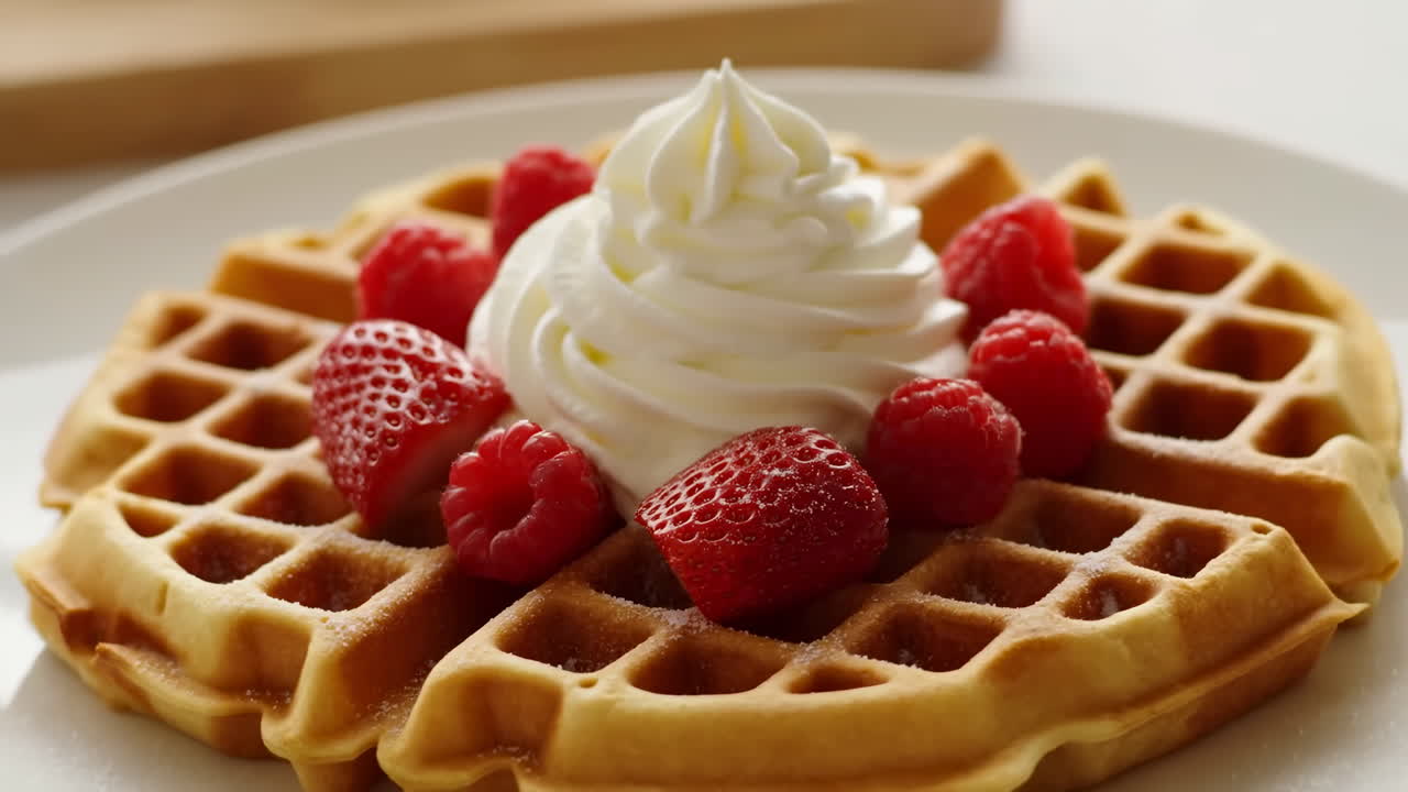 Waffle Dourado com Morangos e Creme. Close-up de Waffle Servido com Chantilly e Morangos Frescos.