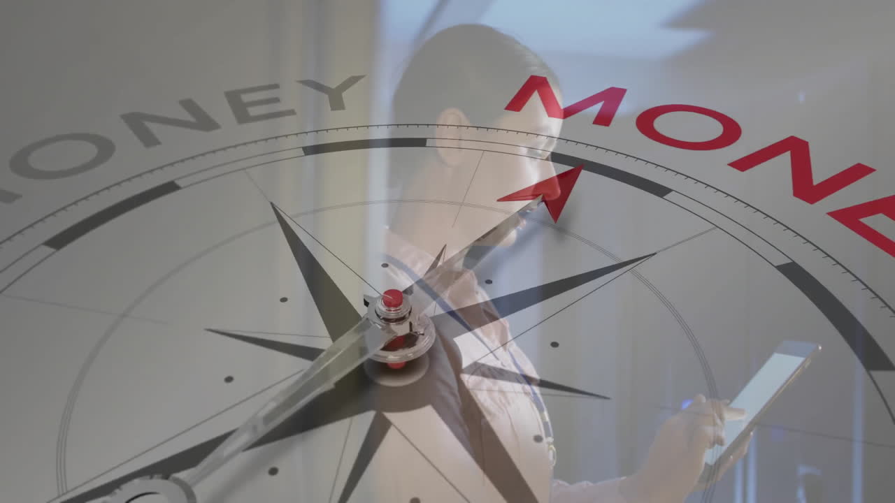 Pointing to money, compass over tablet, symbolizing financial direction in animation