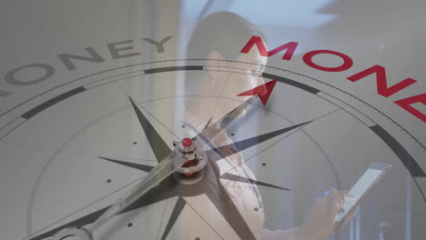 pointing to money, compass over tablet, symbolizing financial direction in animation