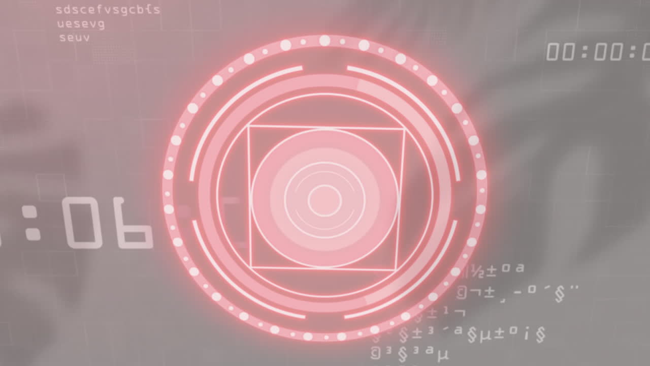 Digital interface with glowing red circular patterns and cryptic text animation