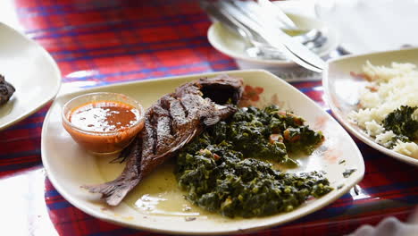 delicious grilled fish with rice and green vegetables