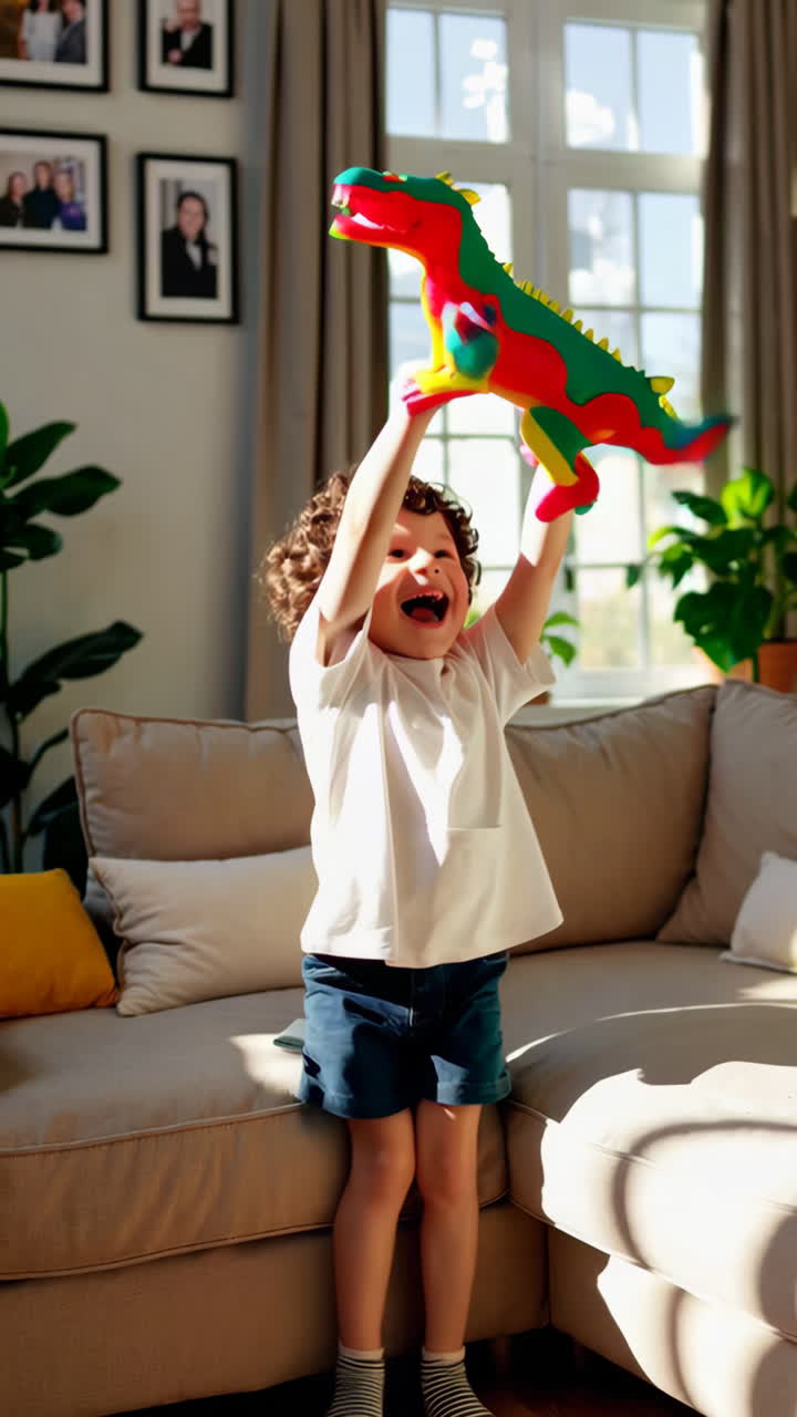 A happy young boy playing with a colorful dinosaur toy indoors