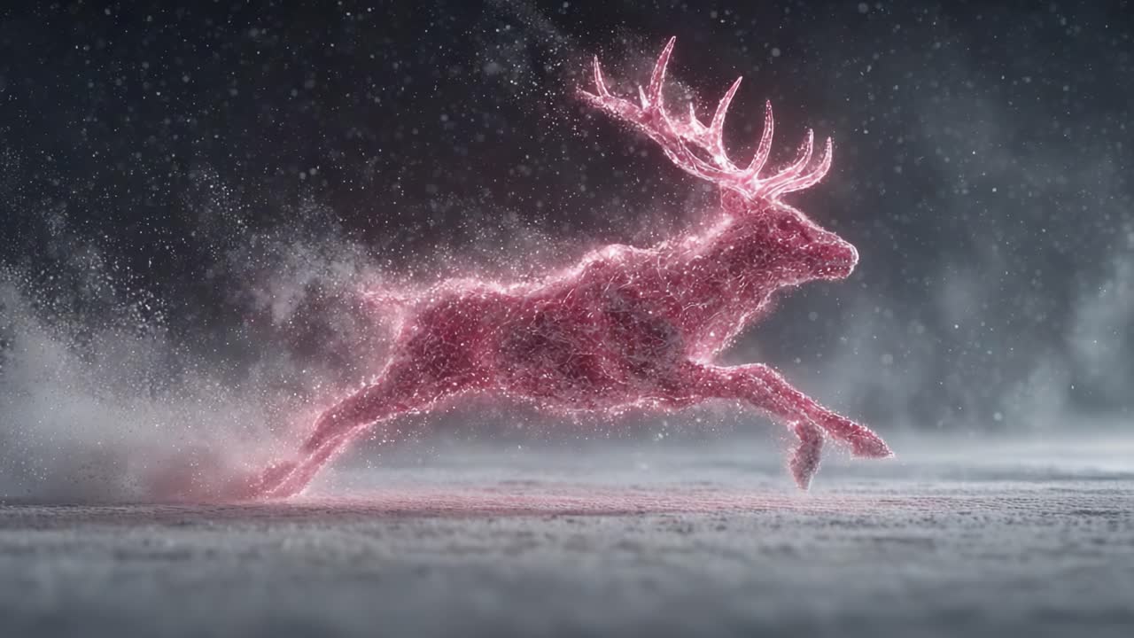 A mesmerizing visualization of a magical and ethereal pink deer sprinting through a snowy landscape, capturing the essence of movement and the beauty of imagination