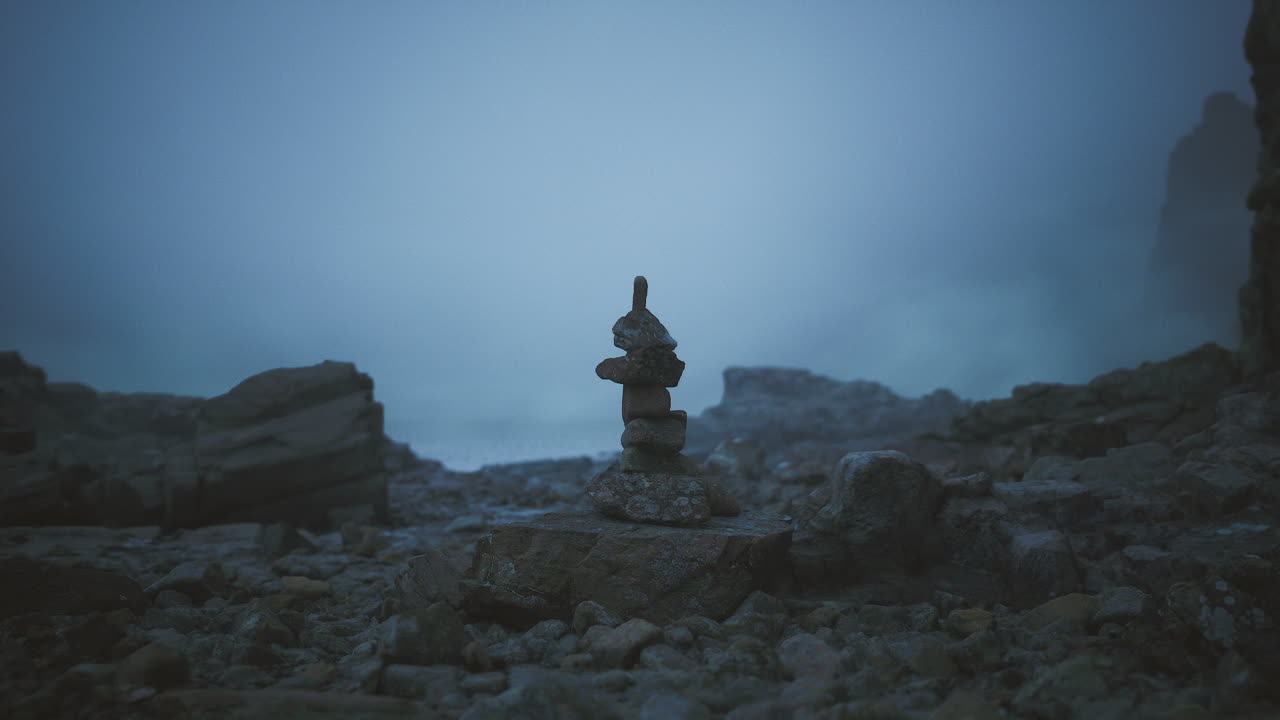 Rock balancing on a rocky shore during a foggy day