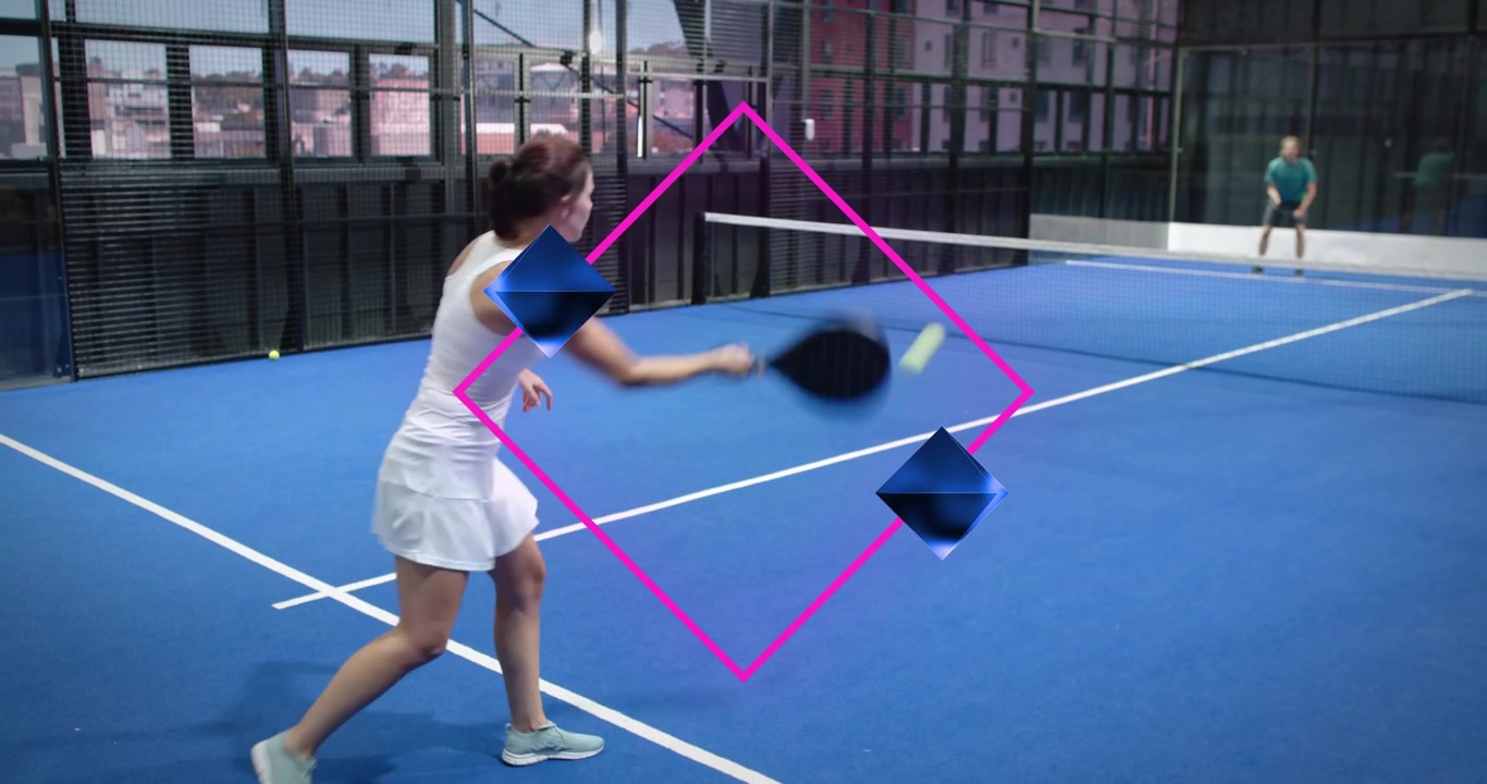Woman serving for sports on court magenta diamond and blue shapes, man returning partner joining
