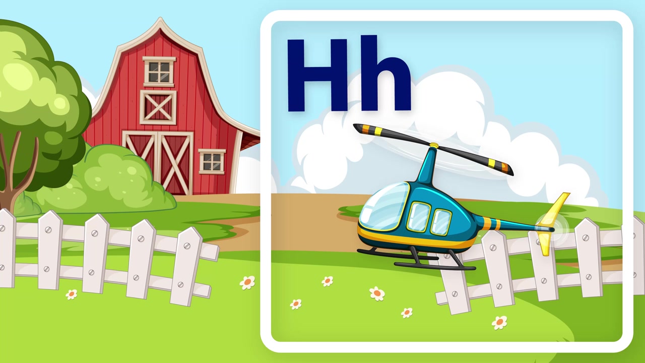 Grafis edukasi animasi yang menampilkan huruf H dan kata helikopter di atas latar belakang pertanian pedesaan.