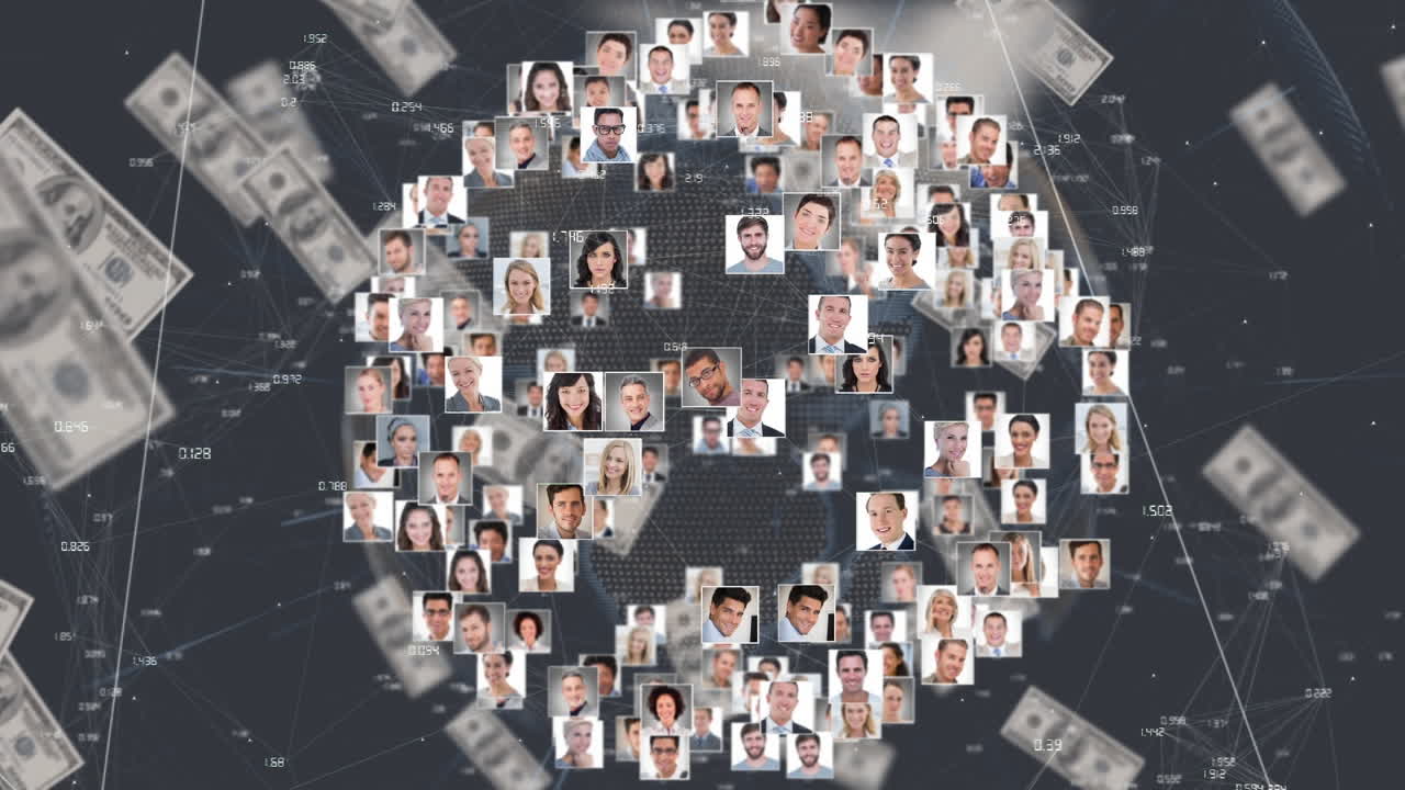 animación de la red de conexiones de múltiples fotos que forman un globo