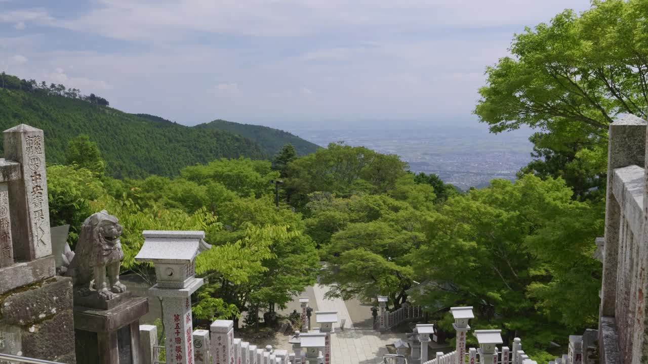 Stone steps approach of Mt. Oyama, cinematic tilt up shot