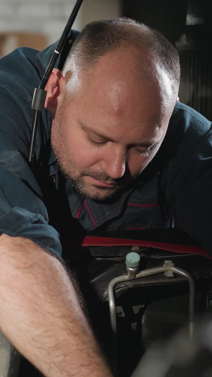 Mechanic in blue uniform drops tool and collects another from colleague while working on car engine in automobile shop, focused auto repair professional performing hands-on maintenance