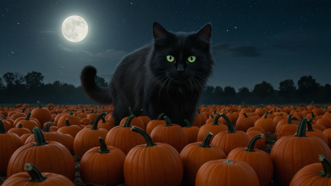 A Mysterious Black Cat Stands Among Vibrant Pumpkins Under the Illuminating Moonlight in a Serene Autumn Night Landscape