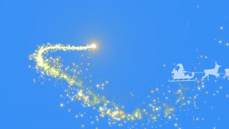 animation of light spots over santa claus in sleigh with reindeer on blue background at christmas