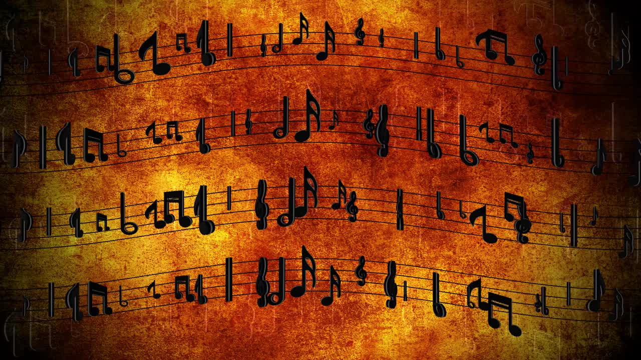 모션 루프 애니메이션에서 노트와 함께 노트가 음악 라인 위에 흐른다.