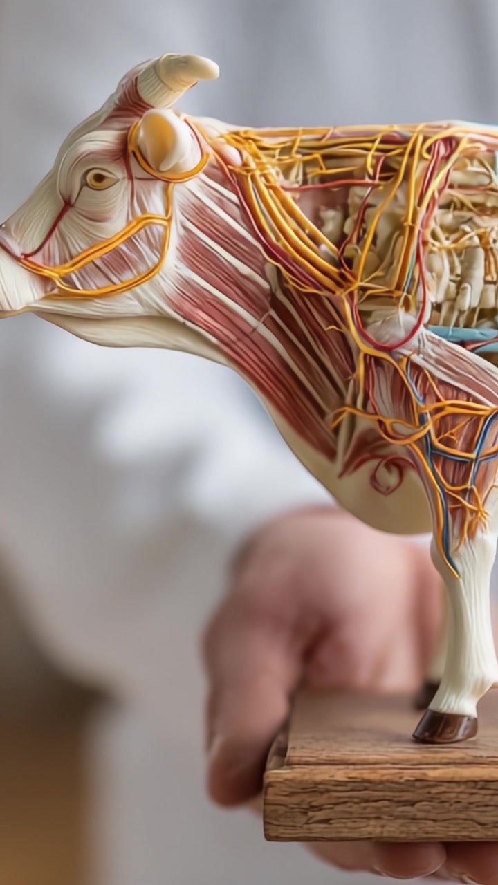 Modello Anatomico Dettagliato di una Mucca che Evidenzia la Struttura Interna e il Sistema Circolatorio a Scopo Didattico