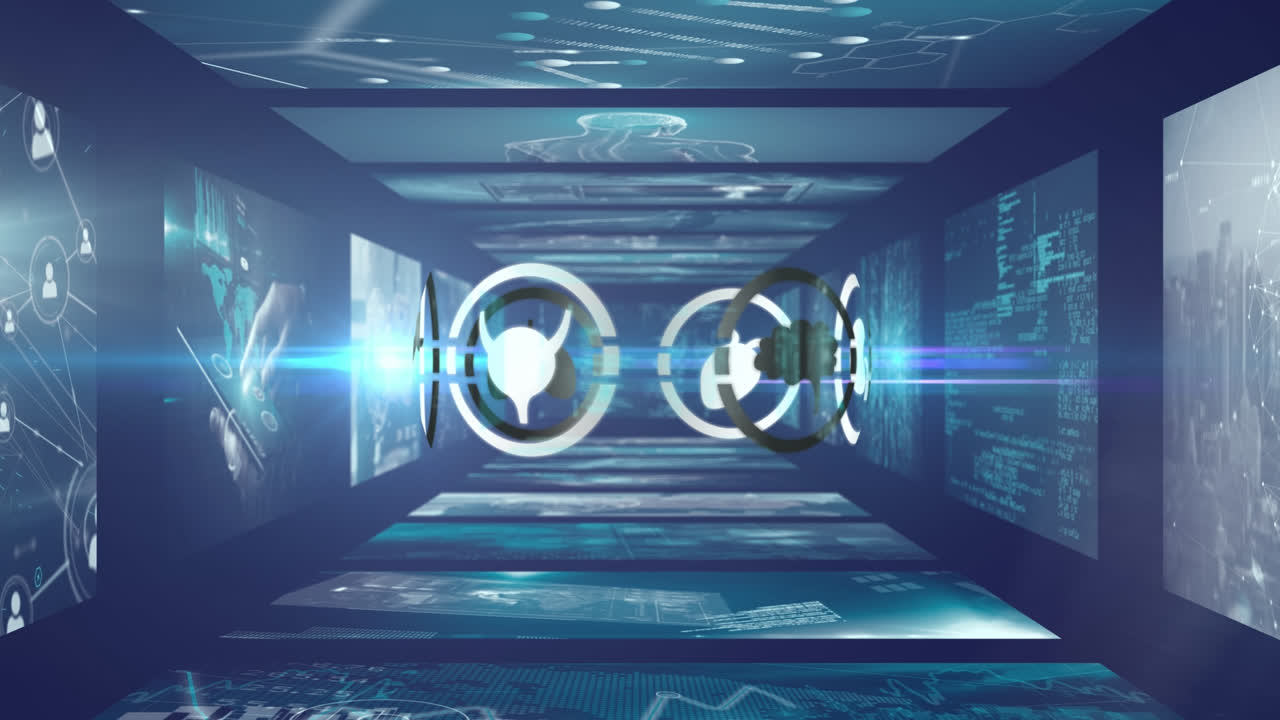 데이터 처리를 가진 화면을 통해 의료 아이콘과 연결 네트워크의 애니메이션