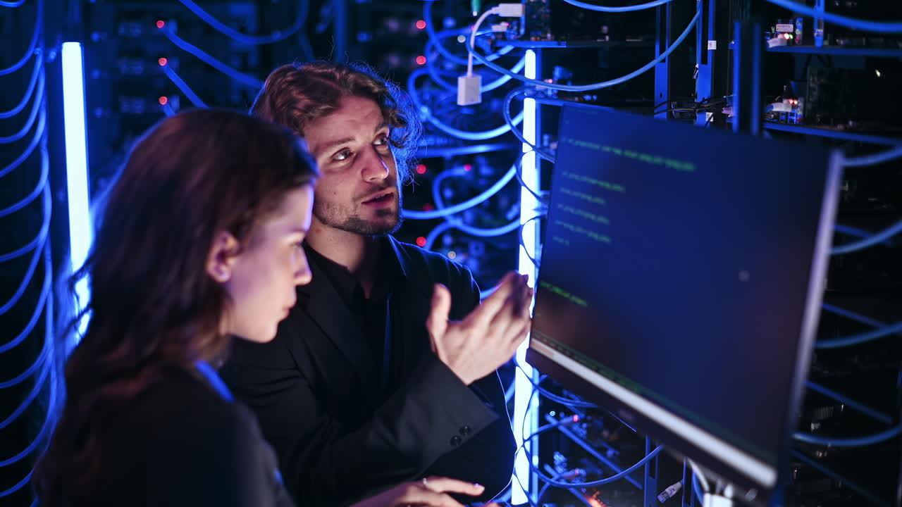 A man and a woman programming in a server room
