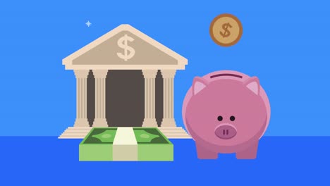 edificio del banco y facturas dólares con ahorros de cerdo