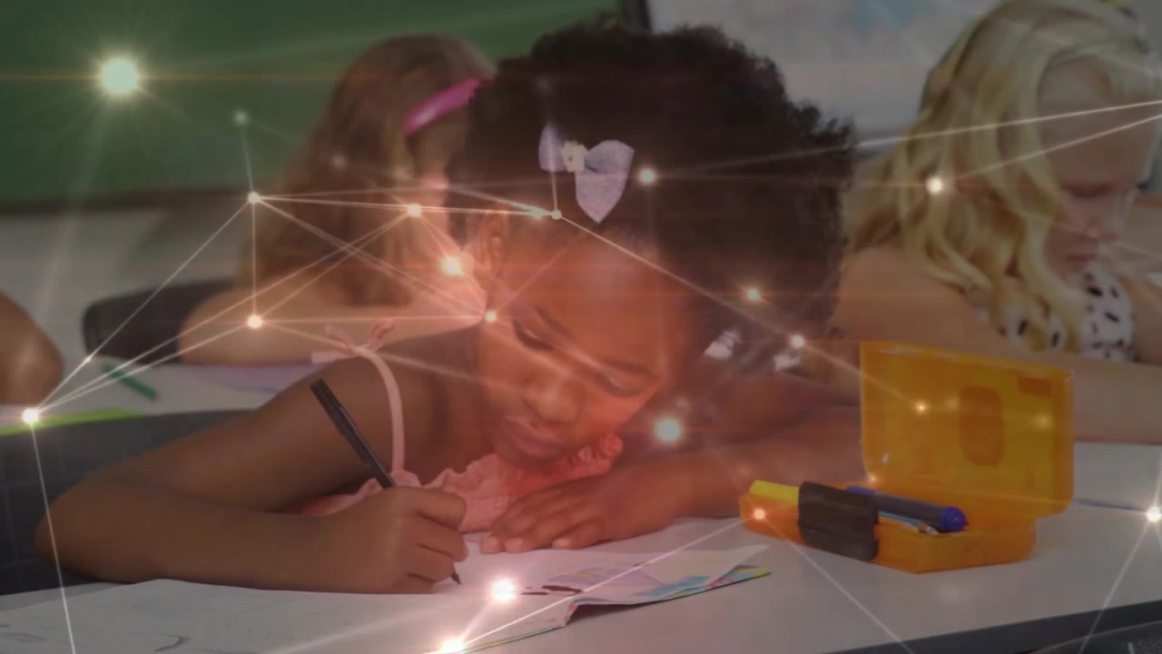 Educational overlays animating shifting revealing students writing workbook exercises in classroom