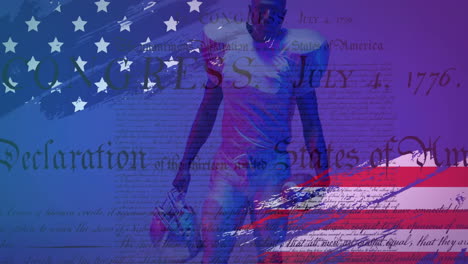 animation of african american american football player and flag of usa