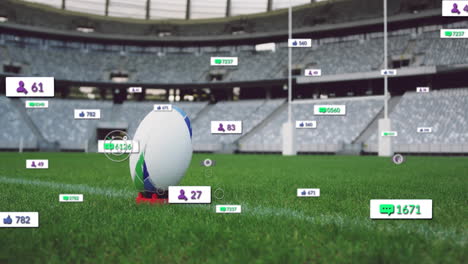 animación de iconos y procesamiento de datos sobre la pelota de rugby en el campo