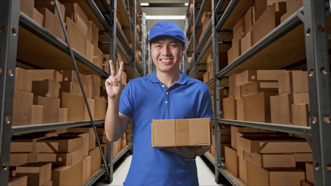 mensajero masculino asiático en uniforme azul mostrando un gesto de paz y sonrisa mientras entrega una caja en el almacén