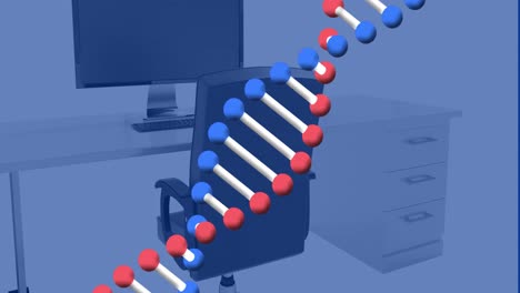 animación de la estructura del adn girando contra la computadora en el escritorio de la oficina.