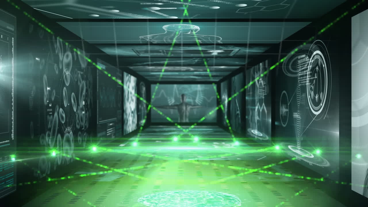 In school, animation of futuristic green laser grid with digital holograms