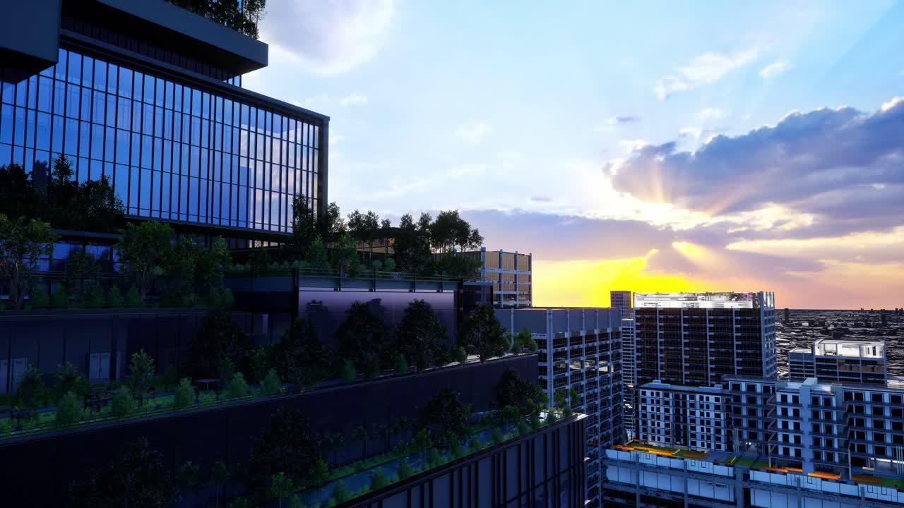 Sustainable Green Building. Eco-Friendly Building. Sustainable Glass Office Building With Tree For Reducing Carbon Dioxide. Office With Green Environment. Corporate Building Reduce Co2. Safety Glass