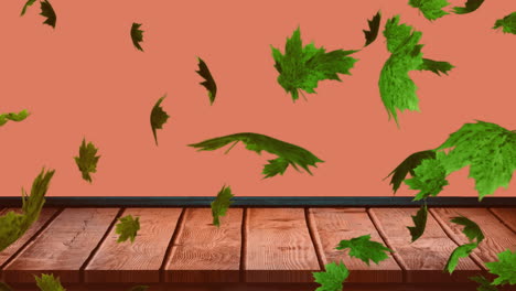 animación de hojas de otoño que caen sobre una superficie de madera y un fondo naranja