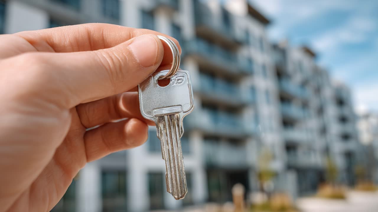 Yeni Başlangıçları ve Yeni Bir Eve veya Gayrimenkul Yatırımına Erişimi Simgeler Şekilde Modern Bir Apartman Binasının Yakınında Anahtar Tutan Bir El