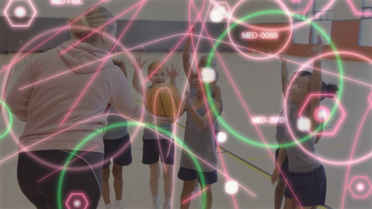 Female coach showing basketball pass in practice causing team reaching as neon HUD floats over them