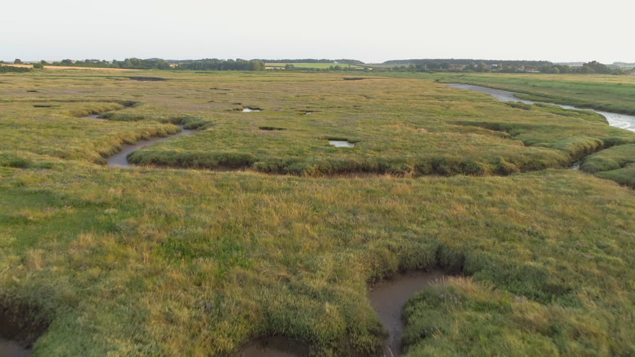 Ripresa aerea a bassa quota con drone che sorvola una palude salmastra verde abbastanza secca al tramonto nel Norfolk settentrionale, Regno Unito