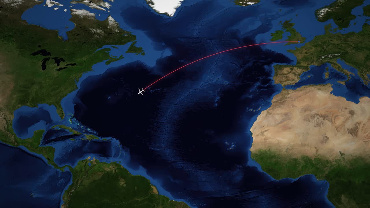 Airplane icon follows red line route from London to Panama City on map