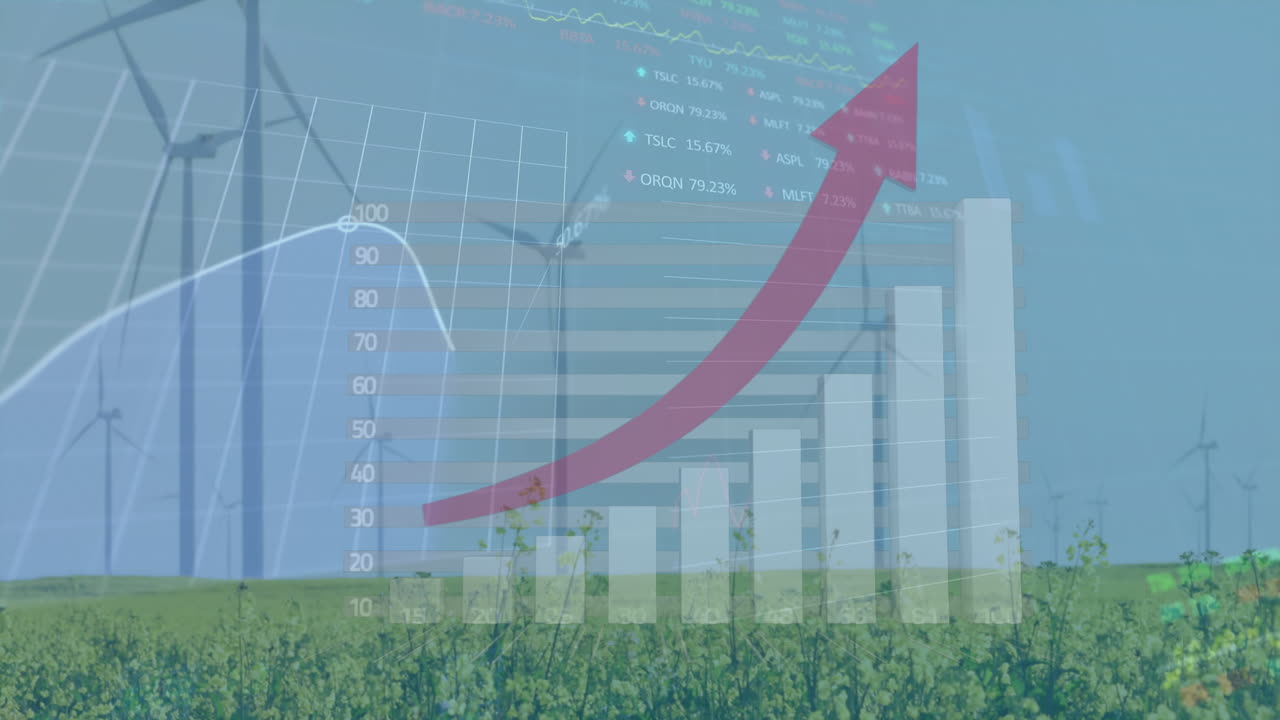잔디 ⁇ 에서 회전하는 풍차에 대한 통계 및 증권 시장 데이터 처리의 애니메이션