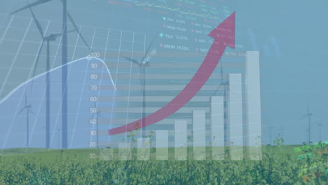 animation of statistical and stock market data processing against spinning windmills on grasslands