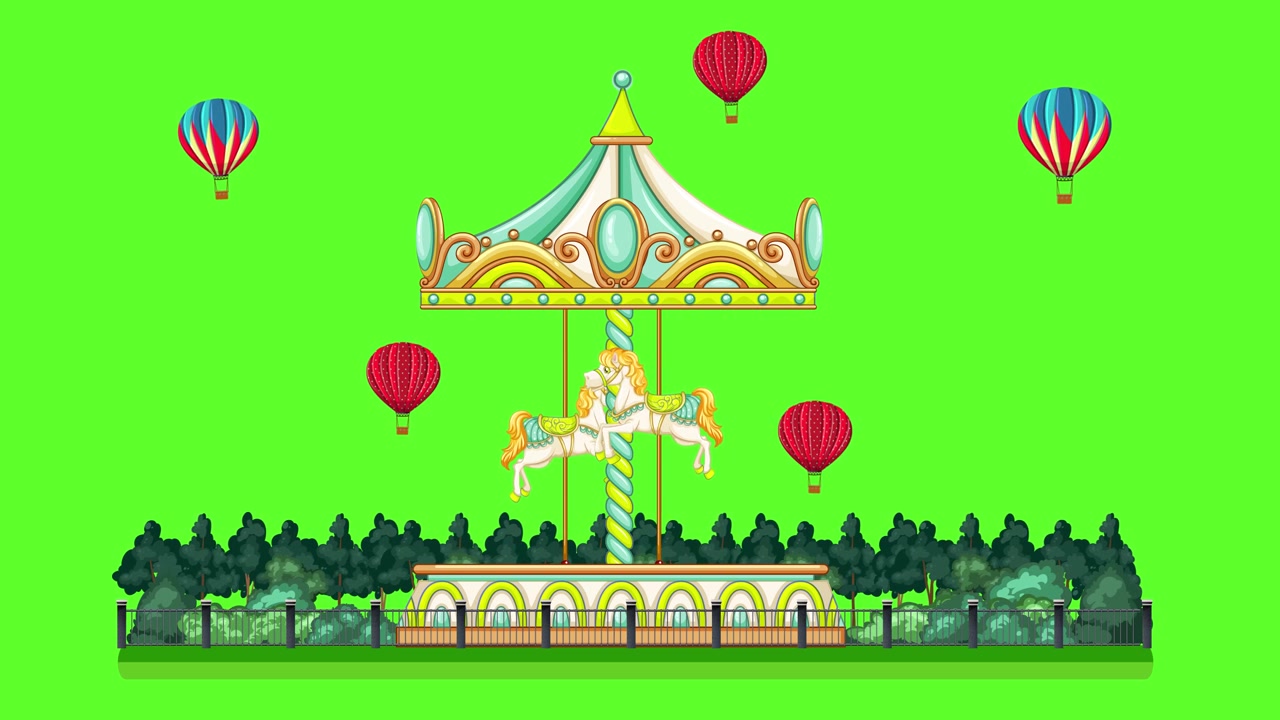 A colorful cartoon carousel rotates amidst floating hot air balloons against a green screen background