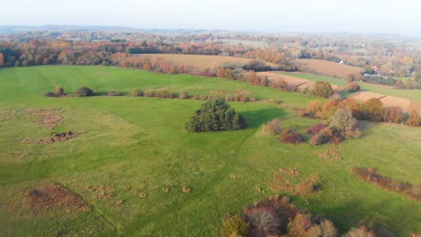 Aerial-drone-4k-forward-steady-movement-over-fields-in-autumn---fall-with-wintery-sky-and-countryside-horizon