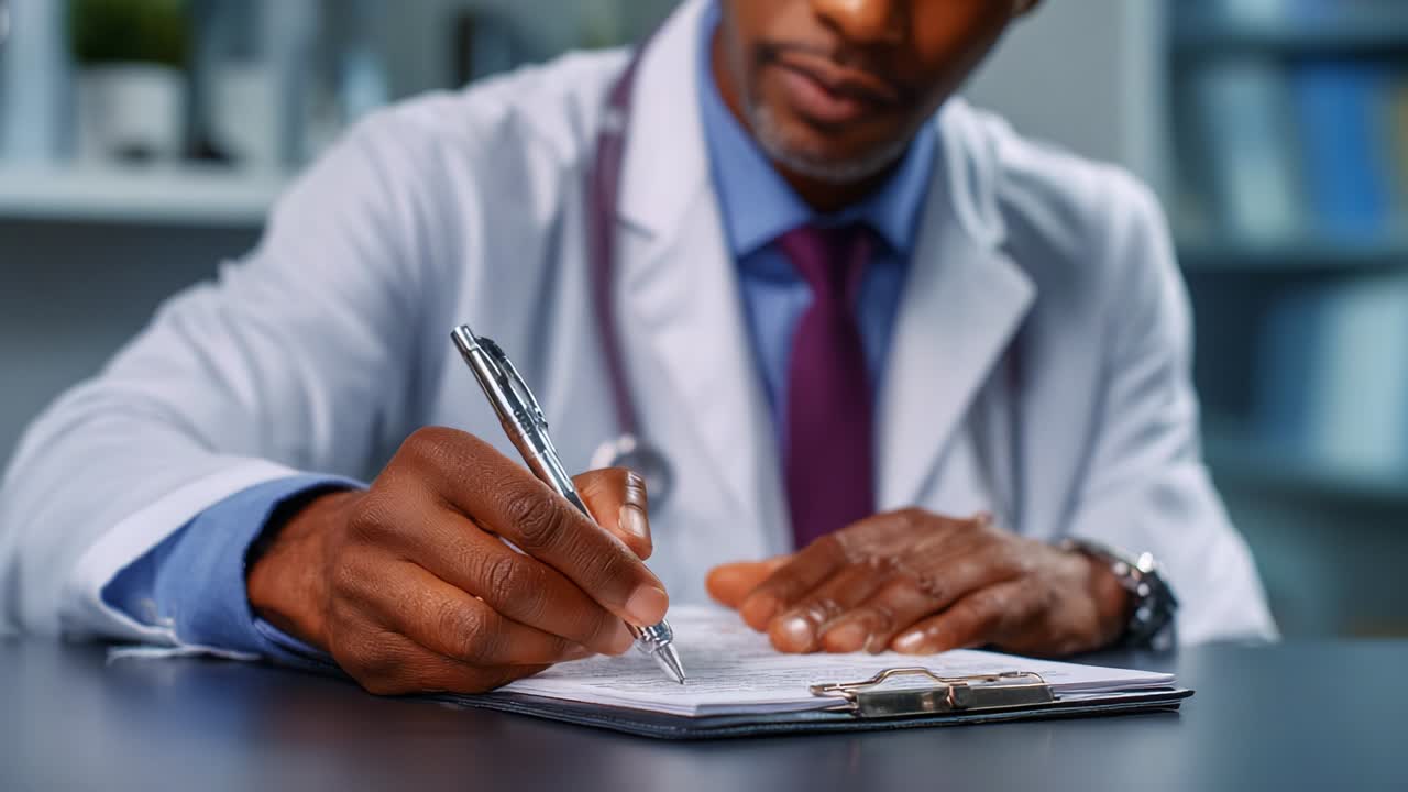 A medical professional, dressed in a white coat with a stethoscope around his neck, focuses intently on writing notes on a clipboard, demonstrating the diligence and care involved in patient documentation