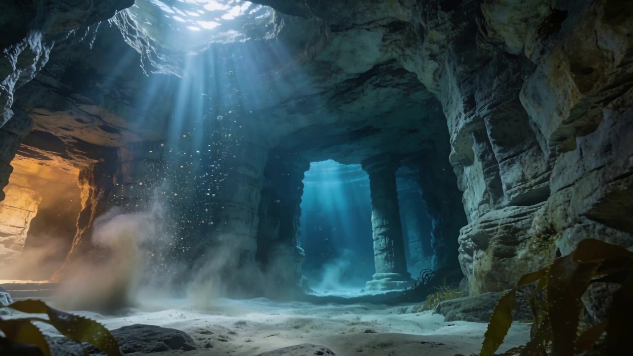 Streaming sunbeams penetrating ceiling hole revealing columns in sea cave and stirring silt plumes
