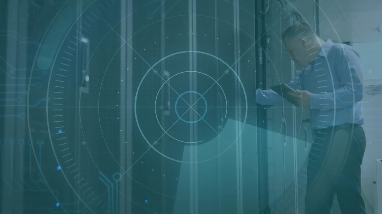 animación del escaneo del alcance y el procesamiento de datos sobre el hombre utilizando un servidor informático de comprobación de tabletas