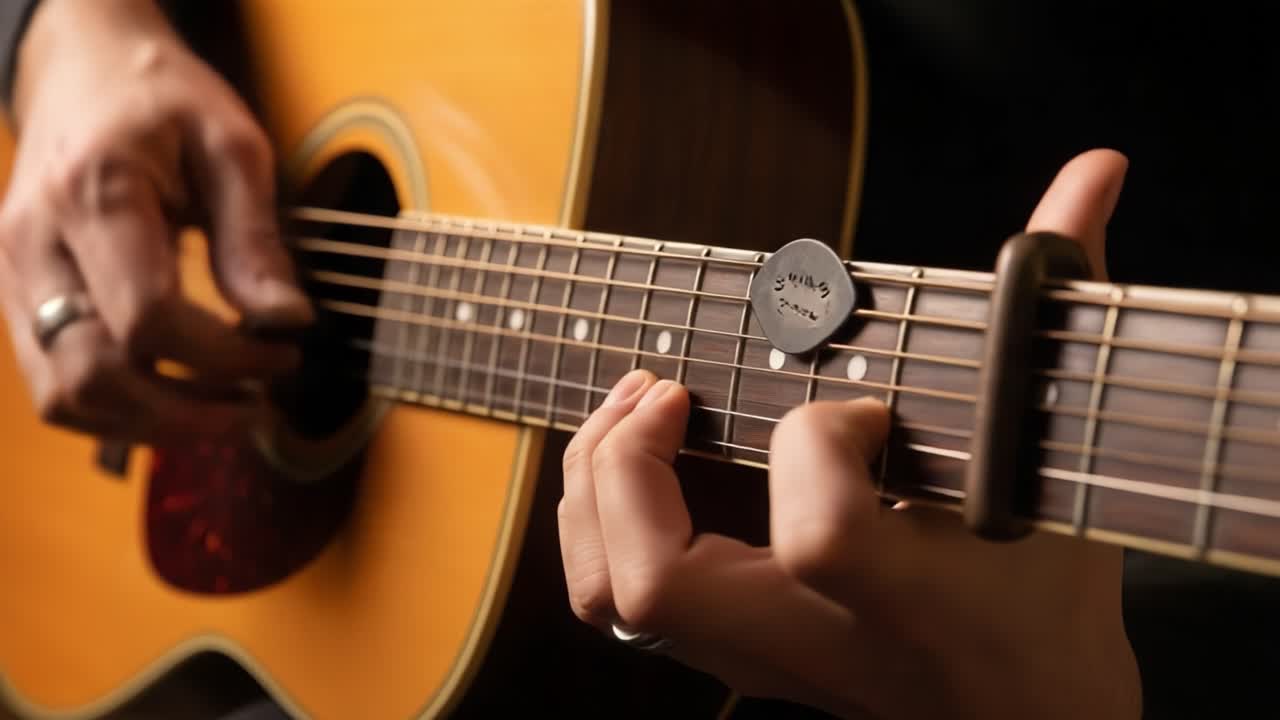 A Passionate Performance: Capturing the Art of Playing Acoustic Guitar with Expertise and Emotion in Every Strum, Showcasing Skillful Finger Placement and Technique