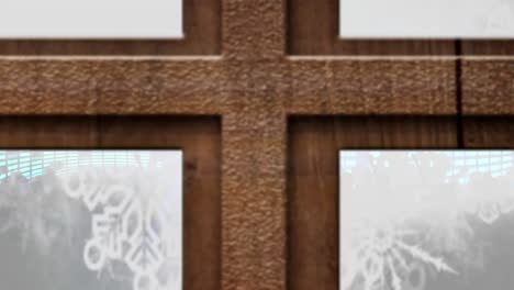 Wooden-window-frame-against-silhouette-of-people-dancing-and-blue-music-equalizer