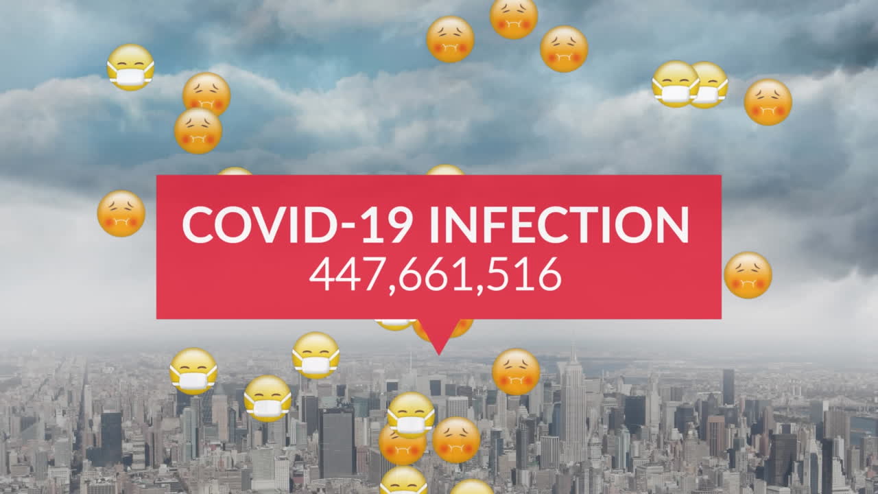 animación del procesamiento de datos de covid 19 con emojis con máscaras faciales sobre el paisaje urbano