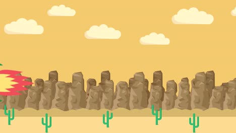 hombre de negocios volando en cohete a través del desierto. concepto de salto. ilustración de bucle en estilo plano.