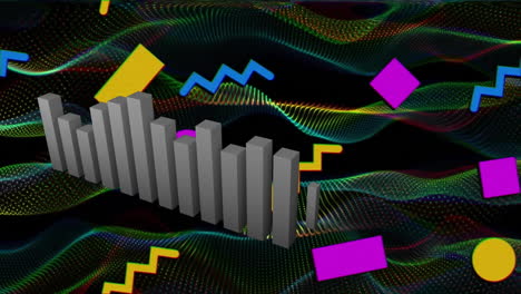 animation of bar graph, squares, circles, rectangle and zigzag pattern over dynamic wave pattern