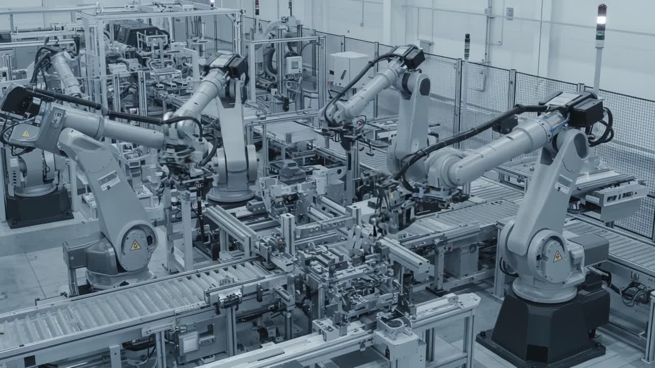 A High-Tech Automated Production Line Featuring Multiple Industrial Robots Engaged in Precision Assembly Tasks in a Modern Manufacturing Facility