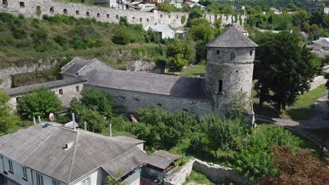 aerial view forward of ruthenian tower building at kamianets podilskyi,ukraine on a sunny day.