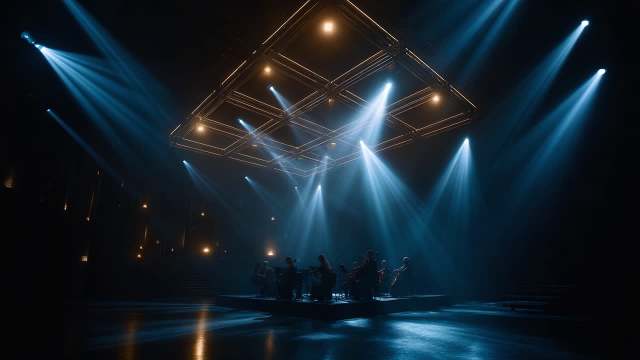 Dramatic Stage Performance Under Dynamic Lighting with Musicians in Silhouette Creating an Atmosphere of Mystery and Artistry in a Stunning Visual Display