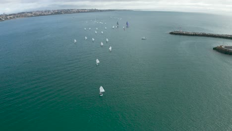 aerial flyover optimist boats sailing at cascais sea, large group of training boats